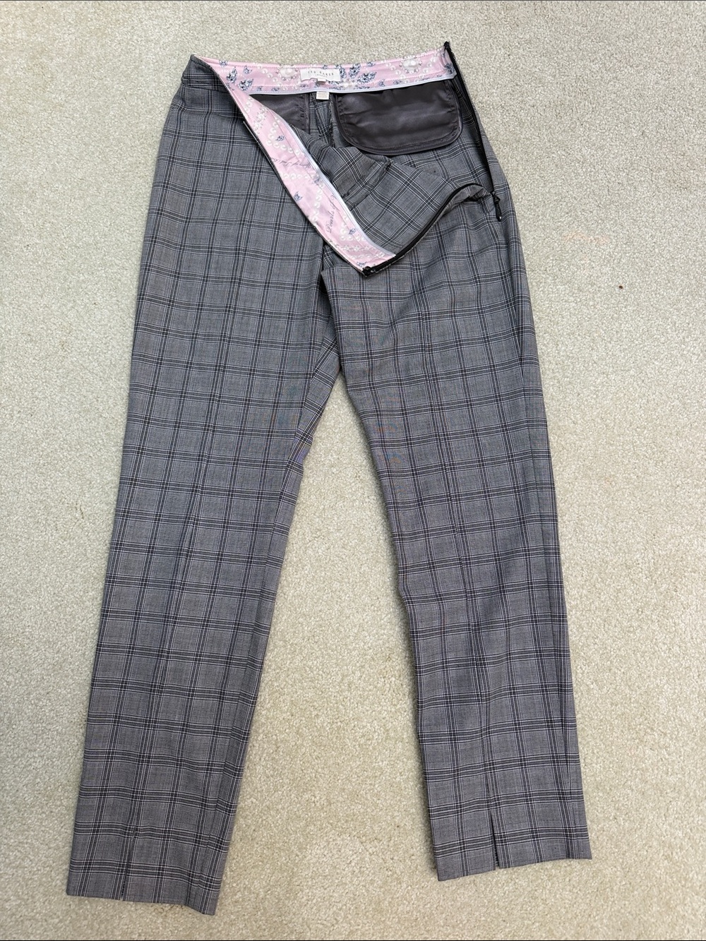 Ted Baker Gray Plaid Trousers with Pink Waist Lining